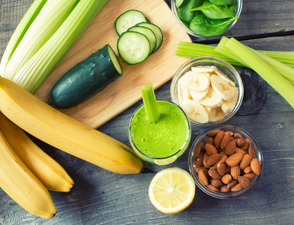 healthy foods smoothie juice almonds banana celery